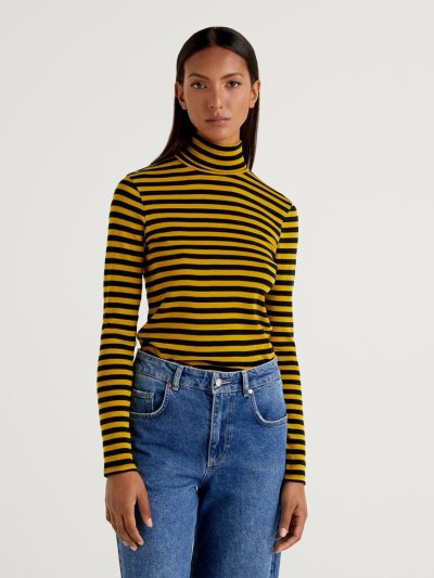 Women's Benetton Striped Turtleneck Long Sleeve T-shirts Yellow | NZ958685