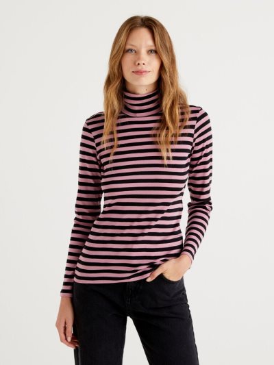 Women's Benetton Striped Turtleneck Long Sleeve T-shirts Pink | NZ976273