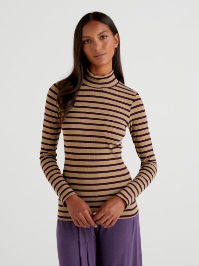 Women's Benetton Striped Turtleneck T Shirts Violet | NZ877752