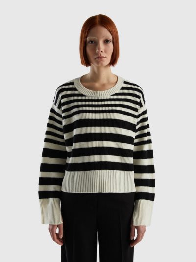 Women's Benetton Striped Wool Blend Crew Neck Sweaters Black | NZ049252