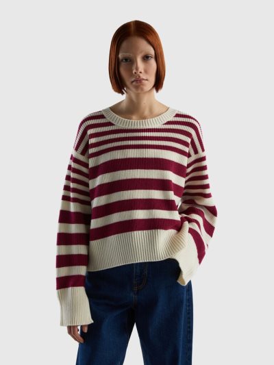 Women's Benetton Striped Wool Blend Crew Neck Sweaters Burgundy | NZ201551