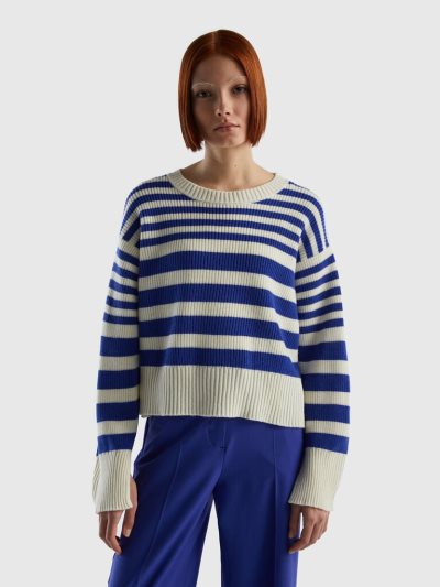 Women's Benetton Striped Wool Blend Crew Neck Sweaters Bright Blue | NZ563878