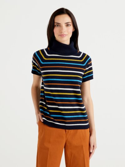 Women's Benetton Striped Wool Blend Turtleneck High Neck Sweaters Multi-color | NZ013212