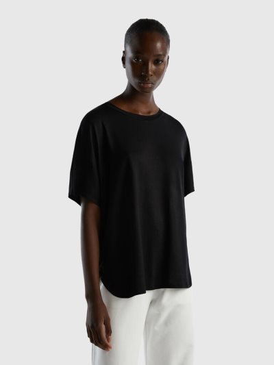 Women's Benetton Sustainable Stretch Viscose Short Sleeve T-shirts Black | NZ083122
