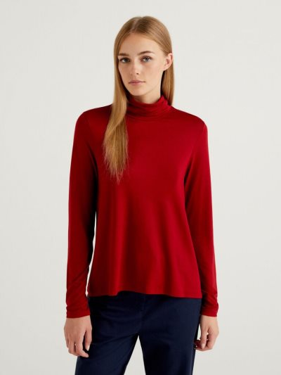 Women's Benetton Sustainable Stretch Viscose Turtleneck Long Sleeve T-shirts Burgundy | NZ190980