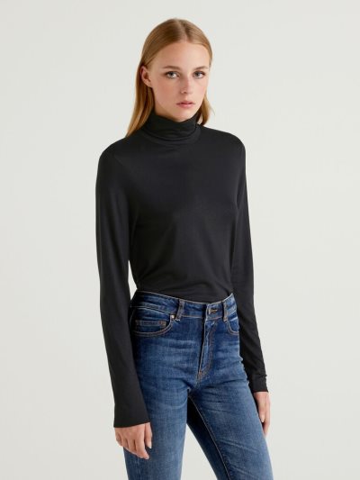Women's Benetton Sustainable Stretch Viscose Turtleneck Long Sleeve T-shirts Black | NZ335799