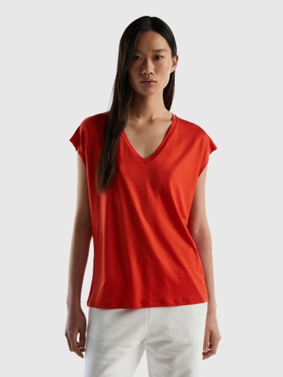 Women's Benetton Sustainable Stretch Viscose Short Sleeve T-shirts Red | NZ438837