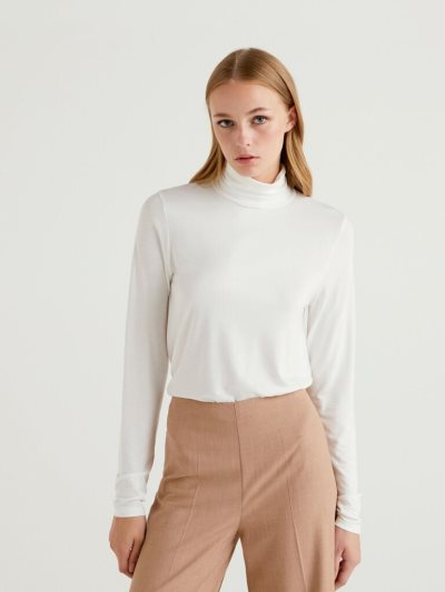 Women's Benetton Sustainable Stretch Viscose Turtleneck Long Sleeve T-shirts Creamy White | NZ517552
