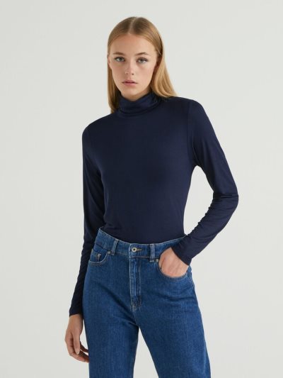 Women's Benetton Sustainable Stretch Viscose Turtleneck Long Sleeve T-shirts Dark Blue | NZ856927