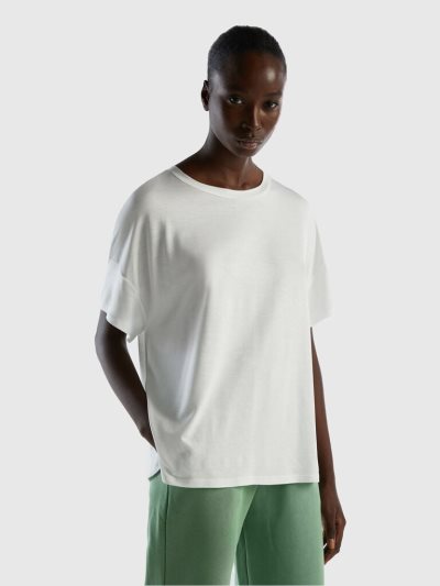 Women's Benetton Sustainable Stretch Viscose Short Sleeve T-shirts Creamy White | NZ879223