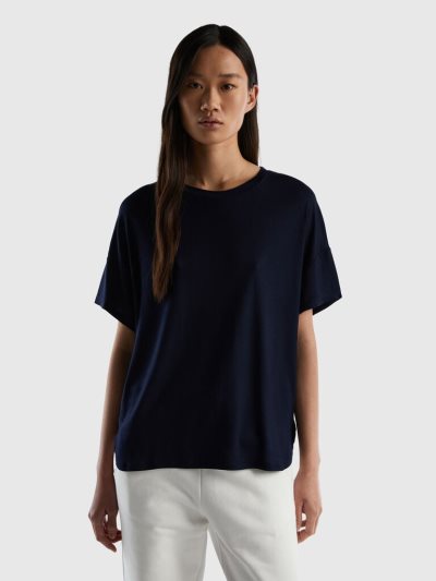 Women's Benetton Sustainable Stretch Viscose Short Sleeve T-shirts Dark Blue | NZ940498