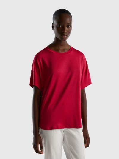 Women's Benetton Sustainable Stretch Viscose Short Sleeve T-shirts Fuchsia | NZ971467
