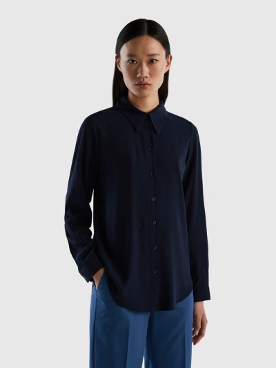 Women's Benetton Sustainable Viscose Regular Fit Shirts Dark Blue | NZ157510