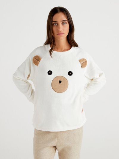 Women's Benetton Teddy Bear Embroidery Sweatshirt Creamy White | NZ213166