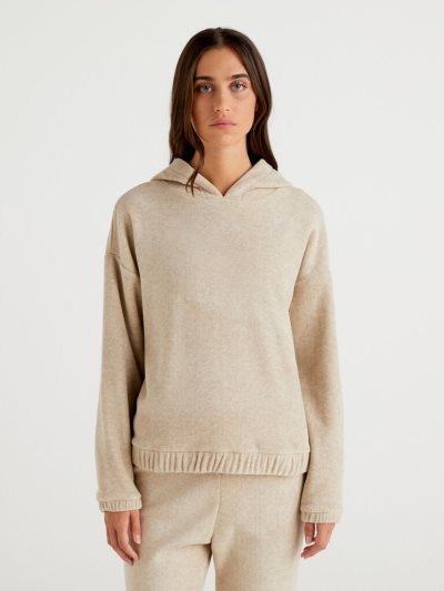 Women's Benetton Teddy Bear Hood Sweatshirt Beige | NZ543019