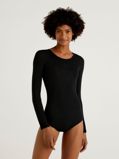Women's Benetton Thin Ribbed Long Sleeve Bodysuits Black | NZ645770