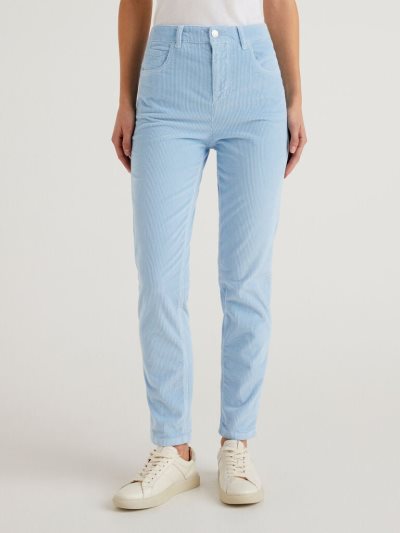 Women's Benetton Thinly-striped Velvet Trousers Light Blue | NZ324165