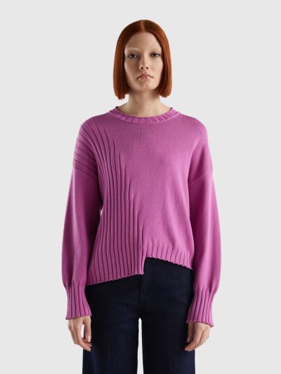 Women's Benetton Uneven Bottom Crew Neck Sweaters Pink | NZ979358