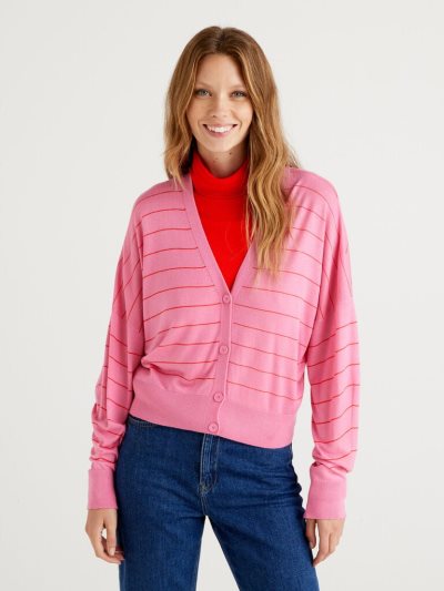 Women's Benetton V-neck Cashmere Blend Cardigan Pink | NZ050796