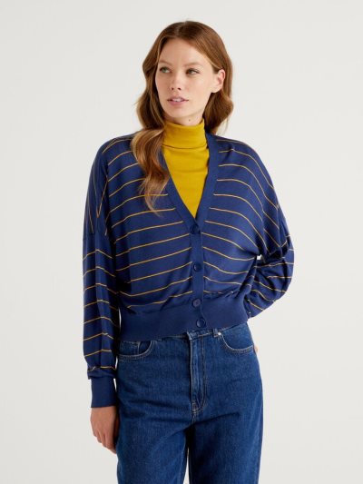 Women's Benetton V-neck Cashmere Blend Cardigan Air Force Blue | NZ649982