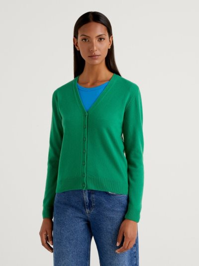 Women's Benetton V-neck Pure Merino Wool Cardigan Green | NZ086559