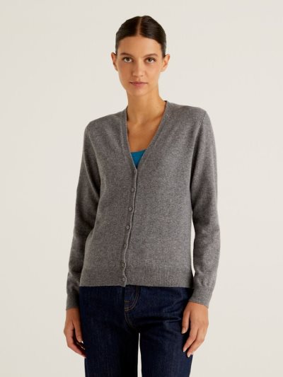 Women's Benetton V-neck Pure Merino Wool Cardigan Grey | NZ088497