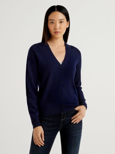 Women's Benetton V-neck Pure Merino Wool Cardigan Dark Blue | NZ107090