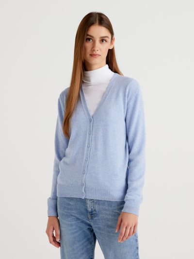Women's Benetton V-neck Pure Merino Wool Cardigan Light Blue | NZ459610