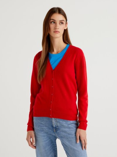 Women's Benetton V-neck Pure Merino Wool Cardigan Red | NZ675773