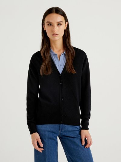 Women's Benetton V-neck Pure Merino Wool Cardigan Black | NZ934241