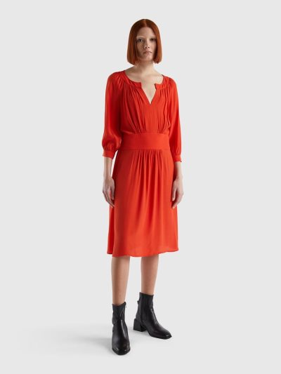 Women's Benetton V-neck Pure Viscose Dress Red | NZ988728