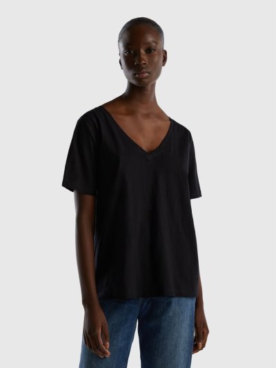 Women's Benetton V-neck Slub Cotton Short Sleeve T-shirts Black | NZ387180