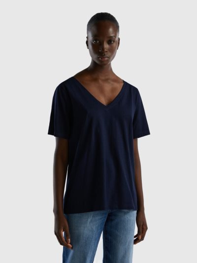 Women's Benetton V-neck Slub Cotton Short Sleeve T-shirts Dark Blue | NZ752359
