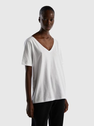 Women's Benetton V-neck Slub Cotton Short Sleeve T-shirts White | NZ848553