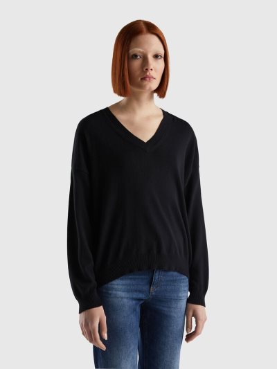 Women's Benetton V-neck Sweaters Black | NZ766631