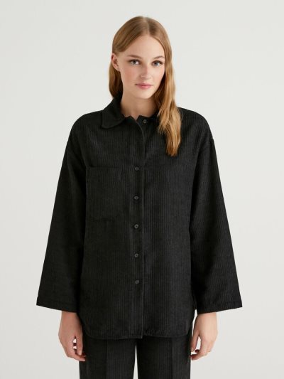 Women's Benetton Velvet Ribbed Shirts Black | NZ755098