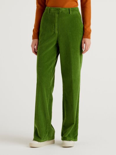 Women's Benetton Velvet Wide Leg Trousers Olive Green | NZ589376