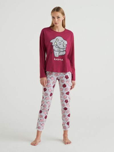 Women's Benetton Warm Cotton Print Matching Sets Burgundy | NZ141072