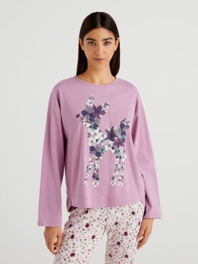 Women's Benetton Warm Cotton Print T Shirts Mauve | NZ763978