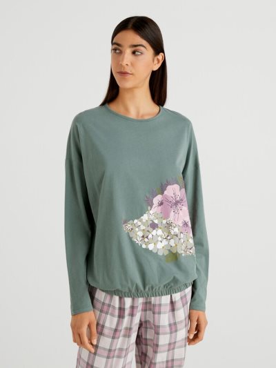 Women's Benetton Warm Long Fiber Cotton T Shirts Military Green | NZ693385