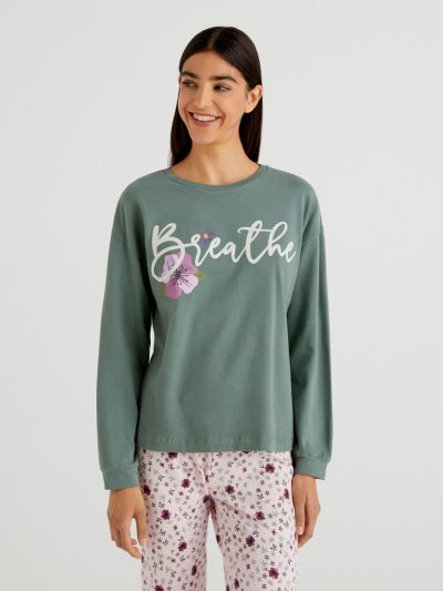 Women's Benetton Warm Stretch Cotton Print T Shirts Military Green | NZ942375