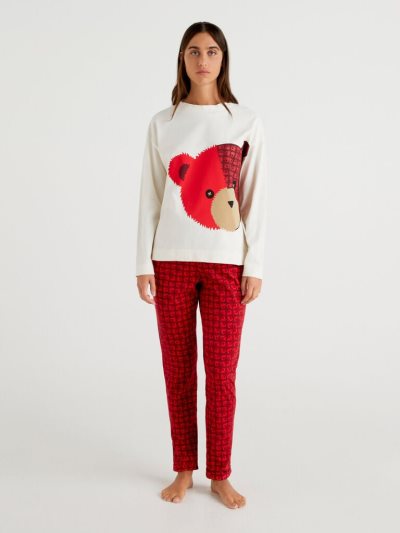 Women's Benetton Warm Teddy Bear Print Matching Sets Vanilla | NZ483373
