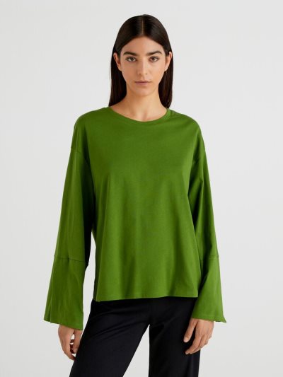 Women's Benetton Wide Sleeve Long Fiber Cotton Long Sleeve T-shirts Olive Green | NZ197402