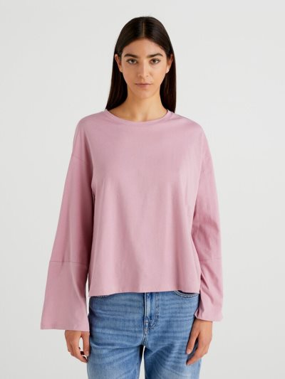 Women's Benetton Wide Sleeve Long Fiber Cotton Long Sleeve T-shirts Pastel Pink | NZ283283