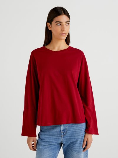 Women's Benetton Wide Sleeve Long Fiber Cotton Long Sleeve T-shirts Burgundy | NZ506877