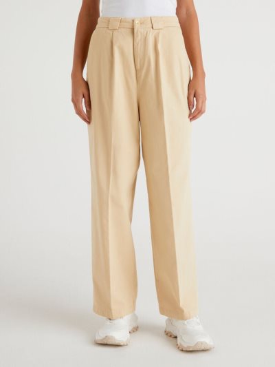 Women's Benetton Wide Stretch Cotton Trousers Beige | NZ520880