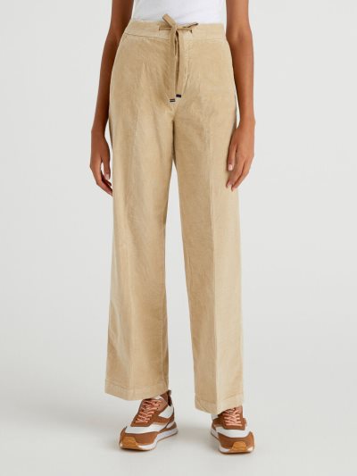 Women's Benetton Wide Velvet Trousers Beige | NZ349646