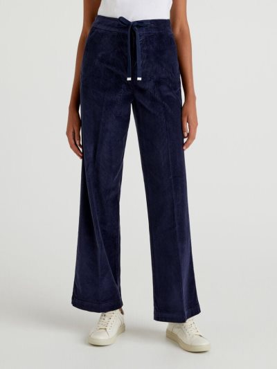 Women's Benetton Wide Velvet Trousers Dark Blue | NZ878425