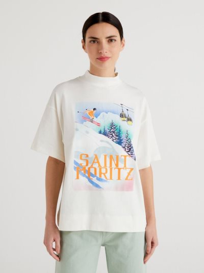 Women's Benetton Winter Print Short Sleeve T-shirts Creamy White | NZ083745