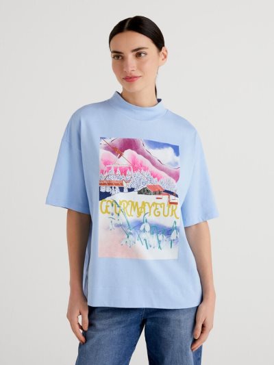 Women's Benetton Winter Print Short Sleeve T-shirts Light Blue | NZ181916